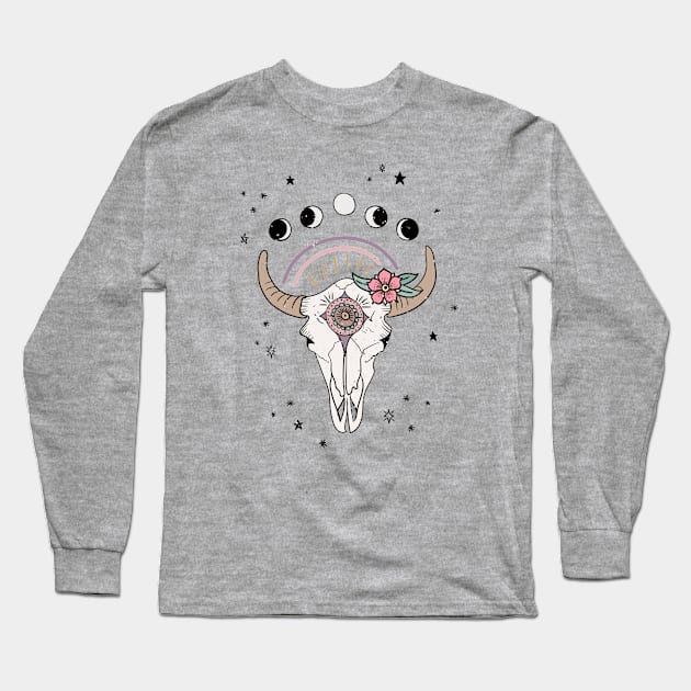 Boho Tribal Cow Skull with Flowers - blush Long Sleeve T-Shirt by misentangled